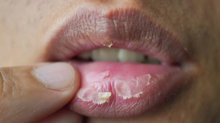 Young child with dry cracked lips and cheeks during winter season